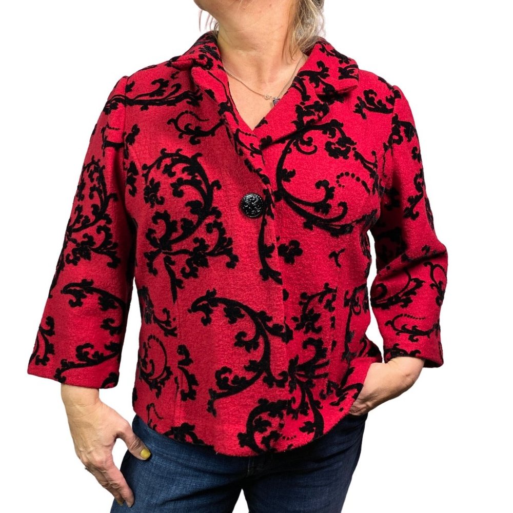 vtg Coldwater Creek blazer jacket, red wool, black velvet, holiday women's L/XL